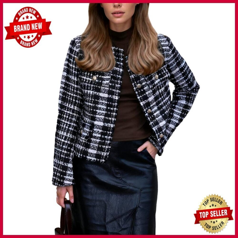 Cropped Tweed Blazer with Gold Buttons, Long Sleeve Office Jacket